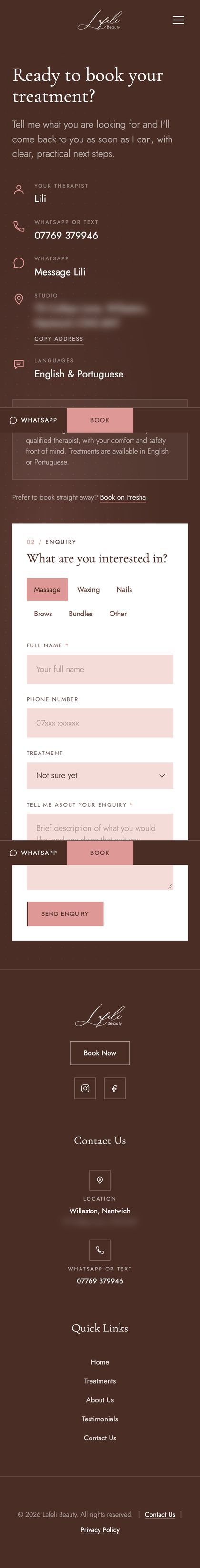 The whole Lafeli Beauty contact page on a phone